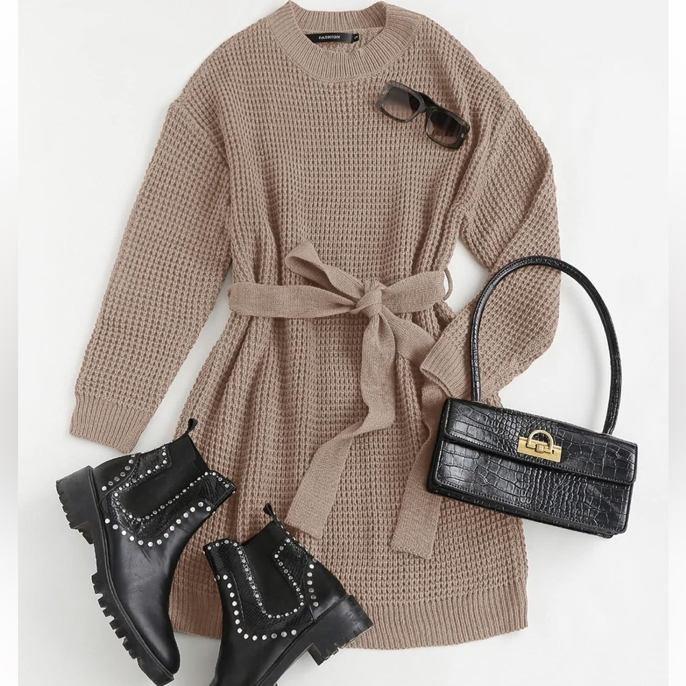 NWT Cozy Waffle Knit Crewneck Sweater Dress with Belt Tan Size Medium